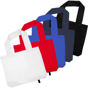 A collection of tote bags in white, red, blue, navy, and black, each featuring sturdy handles and a simple design.