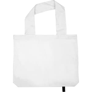 A plain white tote bag with two sturdy handles and a branded tag.