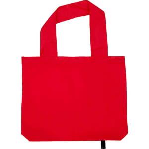 A red tote bag with two handles and a simple design, featuring a logo on one side.