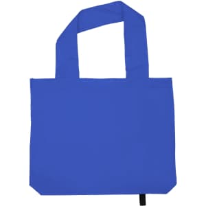 A blue tote bag with two handles and a simple design. It features a logo on one side.