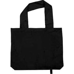 A black tote bag with two handles and a simple design. It features a logo on one side.