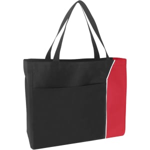 A large nylon tote bag featuring black and red colours, with a front pocket and sturdy shoulder straps, includes a logo.
