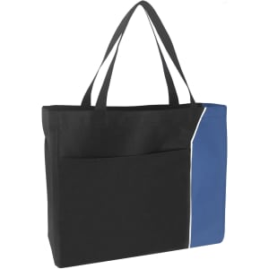 A nylon shopper tote bag in black with a blue accent and a front pocket, featuring dual handles and branding.