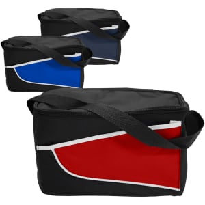 Nylon cooler bags in black, blue, and red, featuring a contrasting design and a shoulder strap. Each bag has a logo.