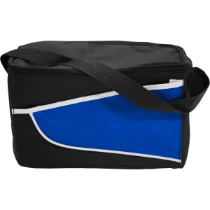 A black nylon cooler bag with a blue accent and a shoulder strap. It includes a zip closure and features a logo.