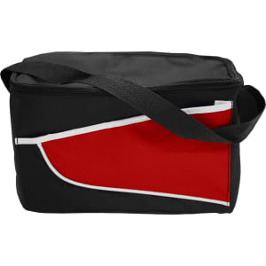 A nylon cooler bag in black with a red and white accent, featuring a zip closure and shoulder strap.