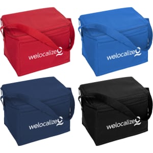 A collection of four nylon cooler bags in red, blue, navy, and black, featuring a logo on the front.