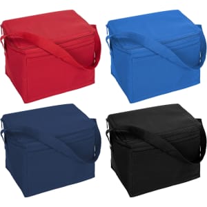A cooler bag in red, blue, navy, and black, featuring a zippered closure and a sturdy shoulder strap.