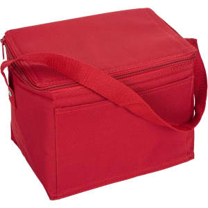 A red nylon cooler bag with a zip closure and an adjustable strap, featuring a pocket on the side and a logo.