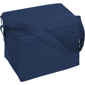 A navy blue nylon cooler bag with a zip closure and a shoulder strap, featuring a front pocket.