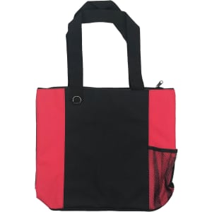 A nylon tote bag featuring a black and red design with a mesh side pocket and a logo.
