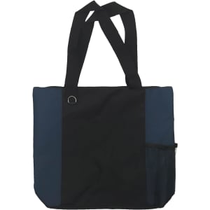 A navy and black nylon tote bag with two straps and a side mesh pocket. The bag features a logo.