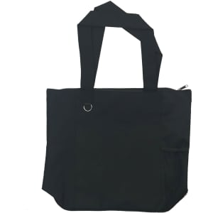 A black nylon shopping tote with two handles and a side mesh pocket. Features a zip closure and a logo.