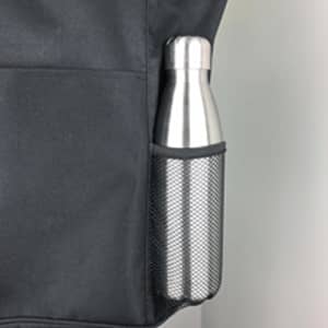 A stainless steel drink bottle nestled in a mesh pocket of a black nylon shopping tote.