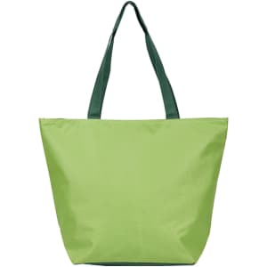 A green tote bag with dark green handles, featuring branding on the front.