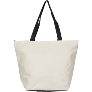 A beige tote bag with black handles. The bag has a simple design and features a logo.
