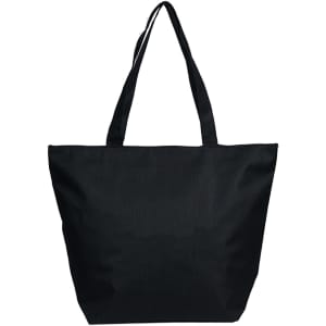 A large black tote bag with dual handles and a simple design. It features a branding logo.