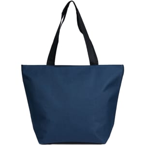 A navy blue tote bag with black handles and a simple design. It features a logo.