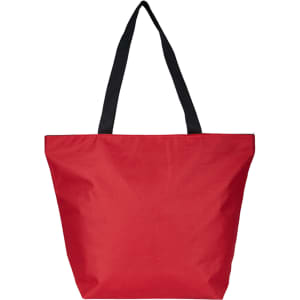 A red tote bag with black handles. The bag features a logo on one side.