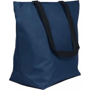 A navy blue tote bag with black handles, featuring a simple design and a logo.