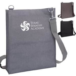A grey nylon library bag with a shoulder strap and a logo, alongside brown and black variations.
