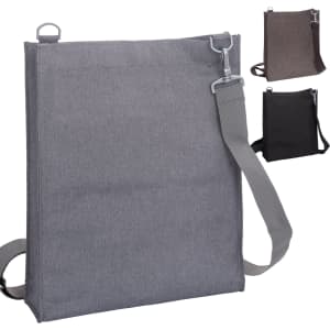 A grey nylon library bag with a shoulder strap and a metal clip, featuring a simple design. Other colour options are shown.