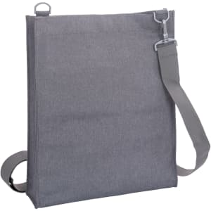 A grey nylon library bag with a adjustable strap and a clip. The bag features a simple, minimalistic design.