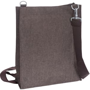 A brown nylon library bag with a shoulder strap and a metal clip, featuring a simple design and no visible branding.