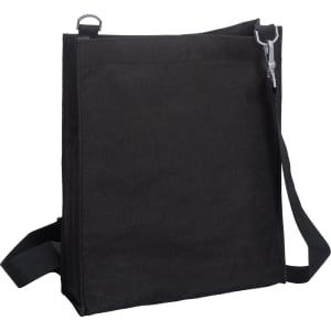 A black nylon library bag with a shoulder strap and a silver clip, featuring a simple design.