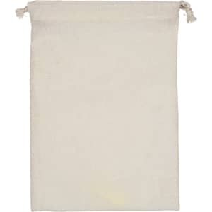 A cream-coloured nylon mesh produce bag with a drawstring closure and no visible branding.