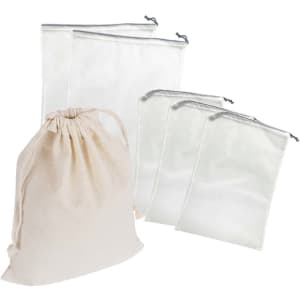 A set of nylon mesh produce bags in white, including one larger drawstring bag and four smaller bags.