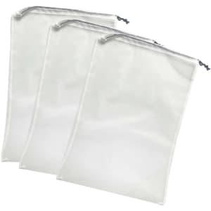 Three white nylon mesh produce bags with zip closures. Each bag is translucent and has a lightweight design.
