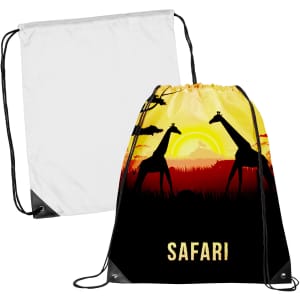 A drawstring backsack featuring a vibrant sunset design with giraffes, in black, orange, and white colours.