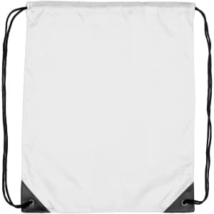 A white nylon drawstring backsack with black corners and matching drawstrings. It features a logo.