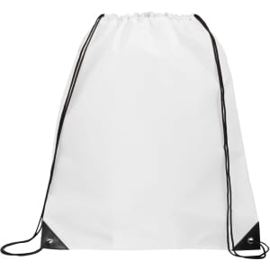 A white drawstring bag with black accents and drawstrings, featuring a branding logo.