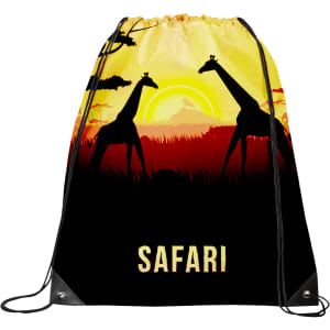 A drawstring bag featuring a sunset silhouette of giraffes against a vibrant yellow and orange background.