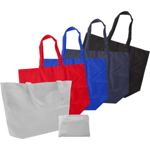 A set of reusable nylon foldaway shopping bags in white, red, blue, black, and navy, featuring handles and a compact storage option.