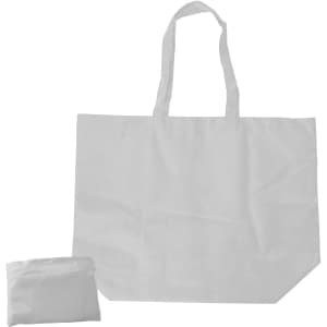 A foldable nylon shopping bag in white, with a compact pouch for storage. Includes two handles and a simple design.