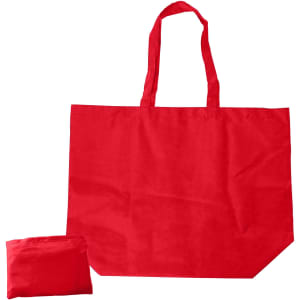 A red nylon foldaway shopping bag, displayed alongside its compact, folded version. Features shoulder straps and a logo.