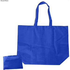 A royal blue reusable shopping bag next to a folded version of itself, featuring short handles and a simple design.