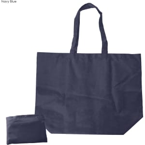 A navy blue nylon foldaway shopping bag with matching small pouch for storage. Features handles and a logo.