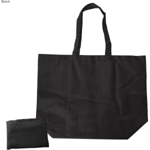 A black nylon foldaway shopping bag with handles, folded into a compact size for storage.