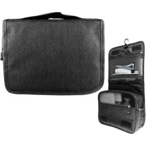 A black toiletry bag with a hook, featuring multiple compartments and a zipper. It has a simple, modern design.