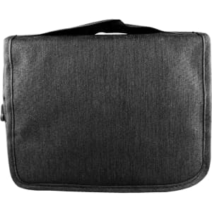 A grey toiletry bag featuring a handle, with a simple design and a logo on the front.