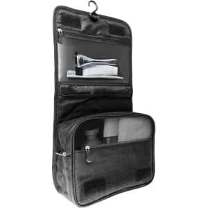 A black toiletry bag with compartments, featuring a hook for hanging and clear zippered pockets for toiletries.