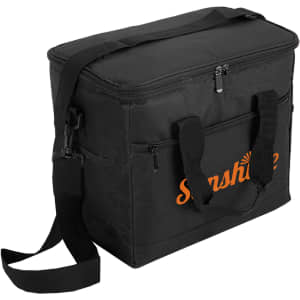 A large black nylon cooler bag with mesh sides and a shoulder strap, featuring a logo on the front.