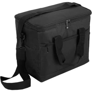 A black nylon cooler bag with a zip closure and adjustable shoulder strap. It features side mesh pockets and a logo.