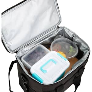 A large black nylon cooler bag with silver interior, containing various containers of food and fruit.