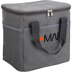 A grey nylon cooler bag with a zippered top and sturdy handles, featuring a logo on the front.