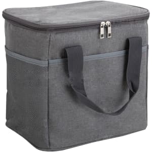 A grey nylon cooler bag with a zippered top and sturdy handles, featuring mesh sides and a branding logo.